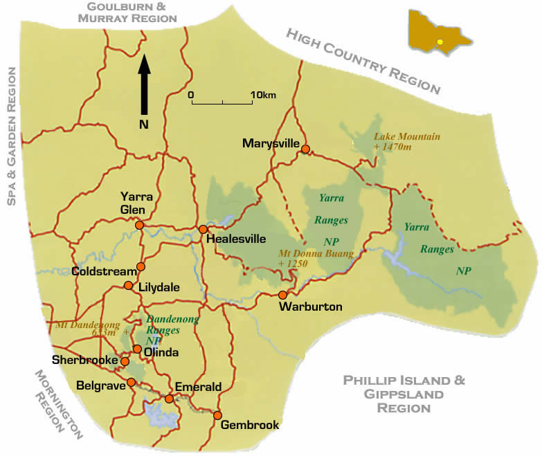Road and region maps of Yarra Dandenongs Victoria